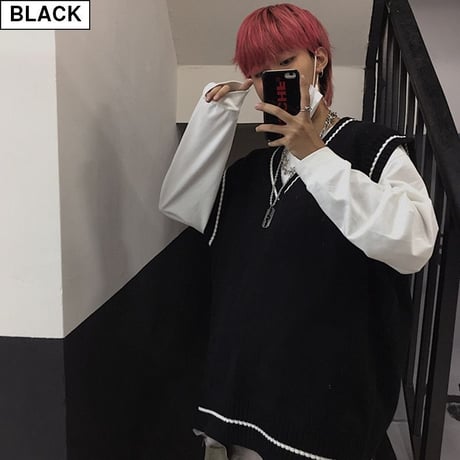 ユニセックス ニットベスト Vネック ライン 韓国ファッション メンズ レディース ベスト ルーズ セーター シンプル ストリート カジュアル DTC-605330546241