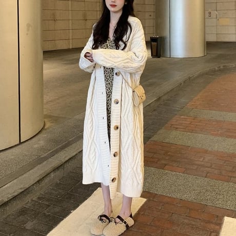 ロングカーディガン ケーブル編み ニット ツイストニット カーディガン ルーズ 長袖 大人可愛い ガーリーDTC-651811052937