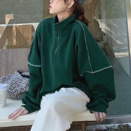 トレーナー ハイネック ハーフジップ プルオーバー ドロップショルダー 大きめ オーバーサイズ 長袖  大人可愛い ガーリー カジュアル ストリート系 DTC-655076992467