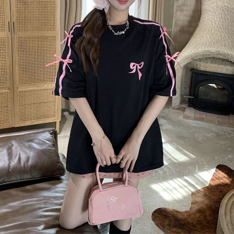 Tシャツ 刺繍 リボン 袖ライン オーバーサイズ クルーネック トップス