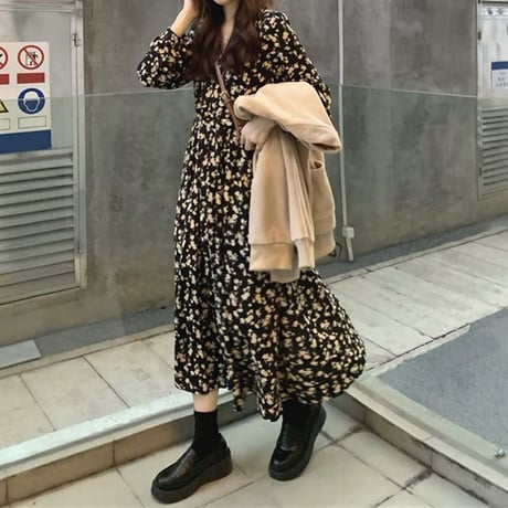 花柄 ワンピース Vネック ハイウエスト 伸縮性ウエスト Aライン 長袖 ロング丈 レトロ 韓国ファッション レディース 大人可愛い ガーリー フェミニン DTCA-709675664395