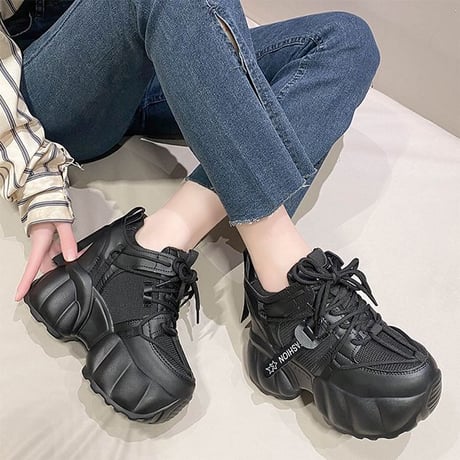厚底 ダッドスニーカー 22.0～24.5cm シューレース メッシュ スニーカー 厚底スニーカー ホワイト ブラック カジュアル 韓国ファッション レディース DTC-680356145734