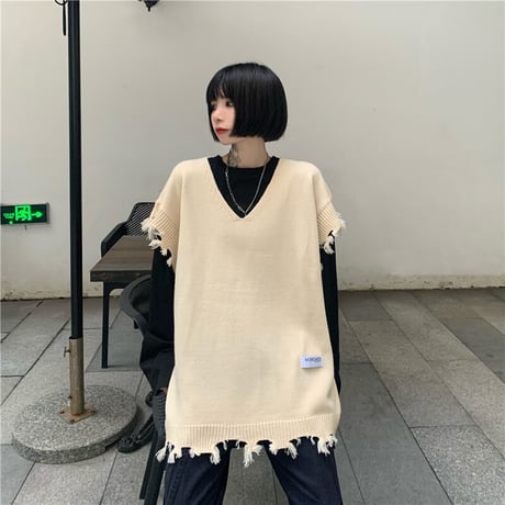 ユンセックス ニットベスト ダメージ加工 Vネック ゆったり ルーズ 韓国ファッション メンズ レディース カジュアル ストリートファッション DTC-653130035722