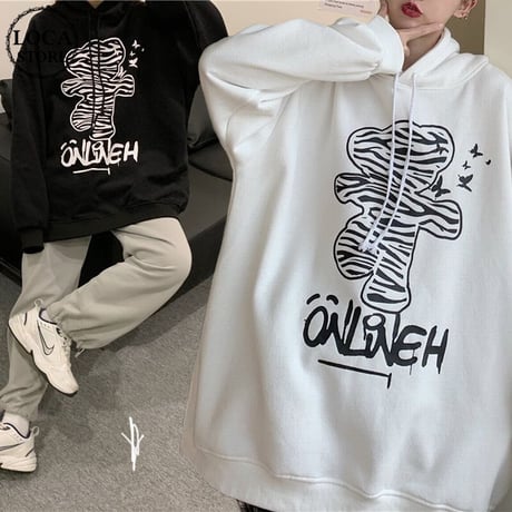 プルオーバー パーカー ゼブラ柄 クマ ベアー プラスベルベット ルーズ 韓国ファッション レディース フーディー ゆったり 大きめ カジュアル ストリート系 DTC-631127121874