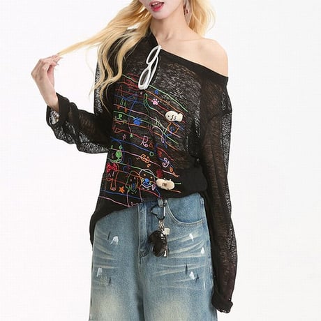 シアートップス 落書き風プリント 薄手 UVカット ワンショルダー シアーtシャツ ロンt トップス 日焼け防止 ゆったり 長袖 レトロ 大人可愛い ガーリー DTCA-925730185096