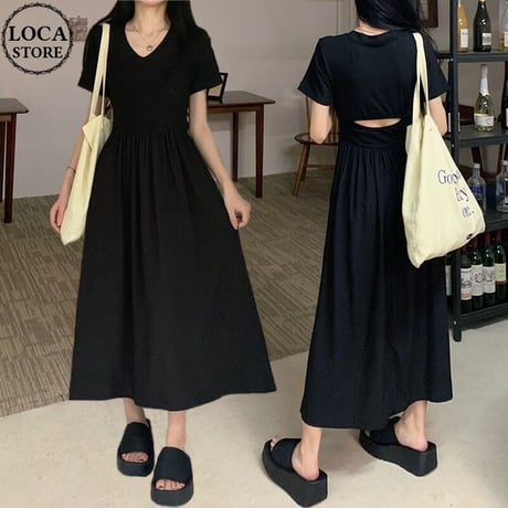 バックオープン ワンピース Vネック 半袖 背中開き ロング丈 Aライン ハイウエスト ウエスト開き レトロ 韓国ファッション レディース 大人可愛い ガーリー DTC-717965429908