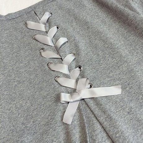Tシャツワンピース レースアップ バックリボン ゆったり ルーズ チュニック 半袖 レトロ 韓国ファッション レディース 大人可愛い ガーリー DCT-556806546749