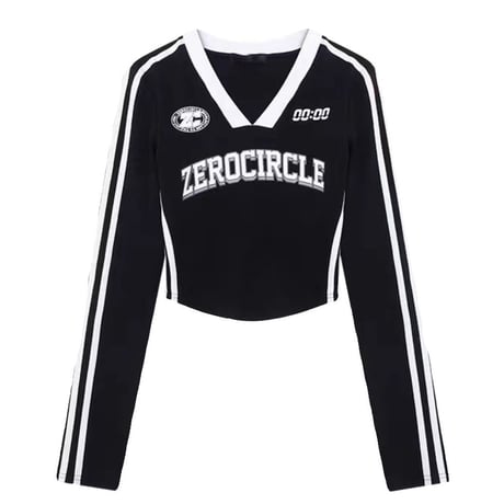 ユニフォーム風 tシャツ クロップド丈 ゲームtシャツ ロンT 袖ライン スリムフィット トップス Vネック 長袖 レトロ カジュアル スポーツミックス DTCA-817363745673