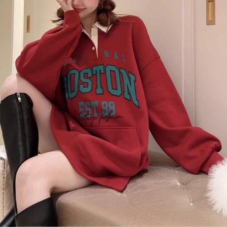 ポロカラー トップス 大きめロゴ BOSTONプリント 配色 プルオーバー オーバーサイズ ゆったり ルーズ 長袖 レトロ 大人可愛い ガーリー カジュアル DTCA-871393991749