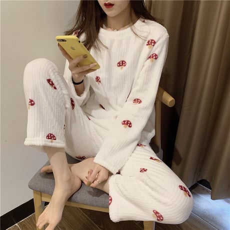 【ルームウェア】 パジャマ セットアップ トップス + パンツ キノコ プリント 長袖 上下セット 長袖 韓国ファッション レディース ガーリー 630650759701