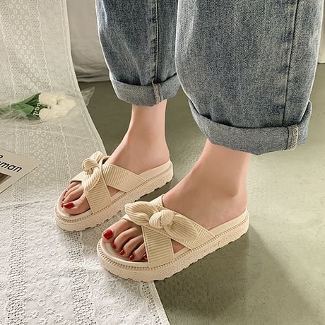 クロスデザイン リボン 厚底サンダル 22.5～25.0cm スリッパ サンダル オープントゥ フラットヒール 厚底 美脚効果 韓国ファッション レディース DTC-640513581984