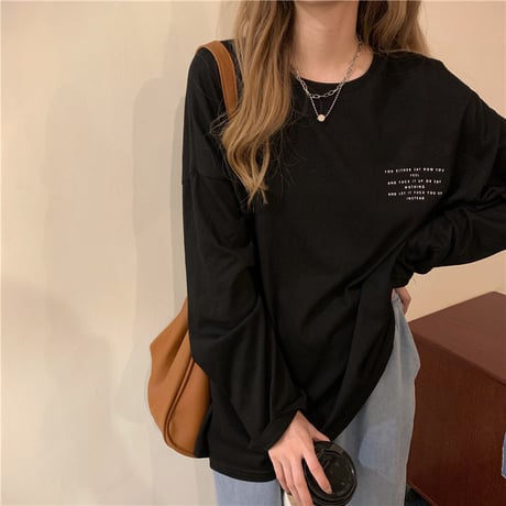 Tシャツ 2カラー 長袖 ルーズ 韓国ファッション レディース トップス 英字プリント シンプル ラウンドネック オーバーサイズ カジュアル かわいい 626233161455