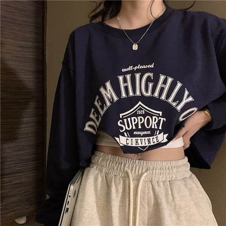 【3カラー】クロップドトップス トレーナー 不規則デザイント クロップド丈 ルーズ 長袖 韓国ファッション レディース カジュアル 韓国ストリートファッション DTC-682509759583
