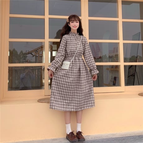 チェック柄 ワンピース ミモレ丈 長袖 韓国ファッション レディース 切り替え レトロ ハイウエスト トランペットスリーブ ベルスリーブ DTC-607226255510