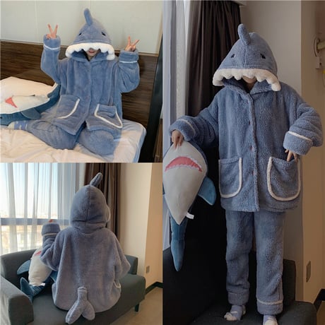 【ルームウェア】 フリース パジャマ セットアップ トップス + パンツ シャーク サメ 長袖 ブルー パープル 上下セット 韓国ファッション レディース ガーリー DTC-628699765024
