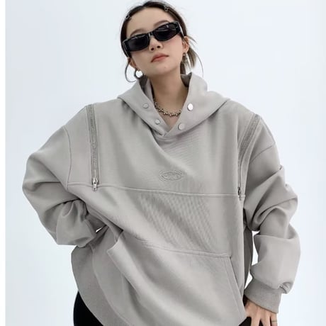 プルオーバー パーカー ショルダージップ ロゴ トップス フード付き スウェット オーバーサイズ ルーズ 長袖 大人可愛い ガーリー カジュアル DTCA-753307374245