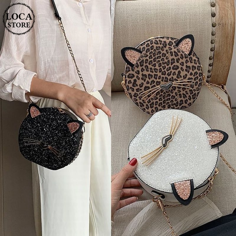 ☆1点物☆ ハンドメイド エナメルスパンコールモチーフバッグ ネコ 猫モチーフ スパンコール ショルダーバッグ ミニバッグ チェーン