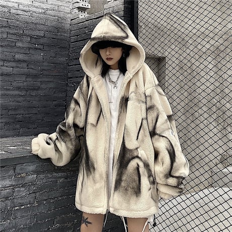 ユニセックス タイダイ柄 フード付き ボアジャケット ラムウール ボアパーカー ジップアップ オーバーサイズ 韓国ファッション メンズ レディース ストリート系 DTC-657933801736