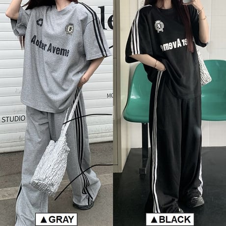 セットアップ サイドライン Tシャツ ワイドパンツ 半袖 ロゴ トップス スポーツミックス 上下セット レトロ 韓国ファッション レディース 大人可愛い ガーリー DTC-786931285601