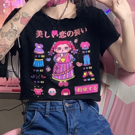 【2カラー】 Tシャツ 半袖 日本語 ユニーク クロップド丈 ショート丈 へそ出し 韓国ファッション レディース 大人可愛い ガーリー カジュアル DTC-640505473257