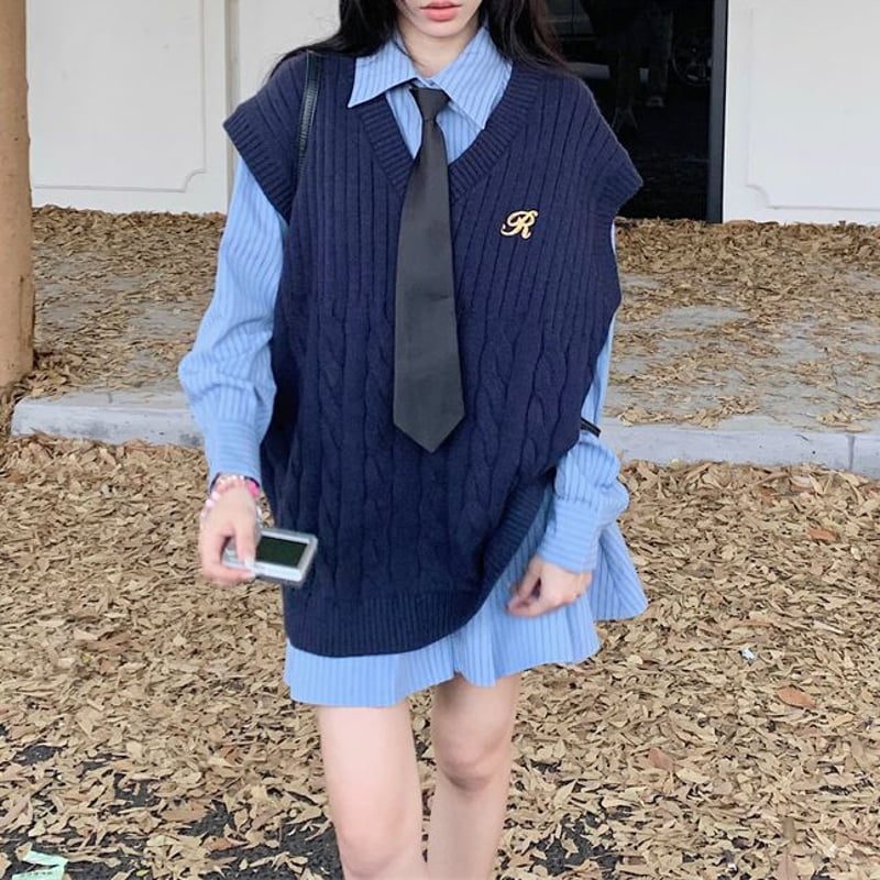 3点セット セットアップ ネクタイ付き ニットベスト シャツワンピース