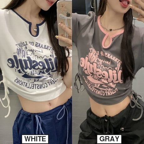 Tシャツ 裾ドロスト キーネック クロップド丈 ショート丈 ロゴ 半袖 韓国ファッション レディース 大人可愛い ガーリー カジュアル 韓国ストリートファッション DTC-723847149019