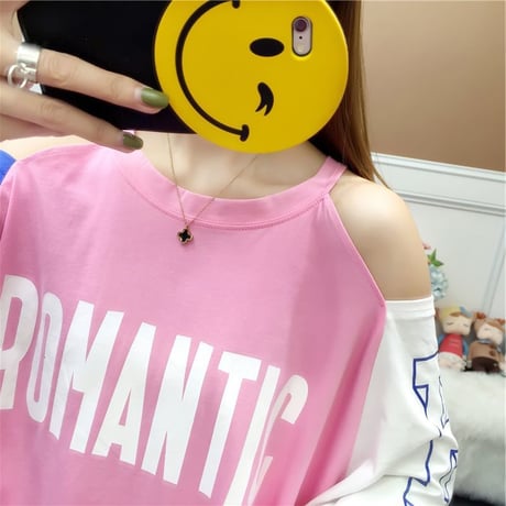 レディース 肩開き 肩出し バイカラー Tシャツ ゆったり 半袖 チュニック オフショルダー 韓国ファッション オルチャン (DCT-586776858110)