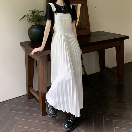 プリーツサロペットスカート ロング丈 ノースリーブ サロペットスカート プリーツ ハイウエスト Aライン レトロ 韓国ファッション レディース 大人可愛い ガーリー DTC-716408531500