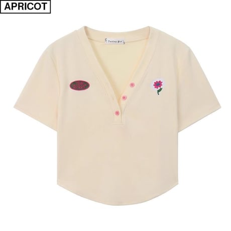ヘンリーネック Tシャツ 花 ショート丈 半袖 トップス Vネック クロップド丈 レトロ 韓国ファッション レディース 大人可愛い ガーリー DTC-677869246820