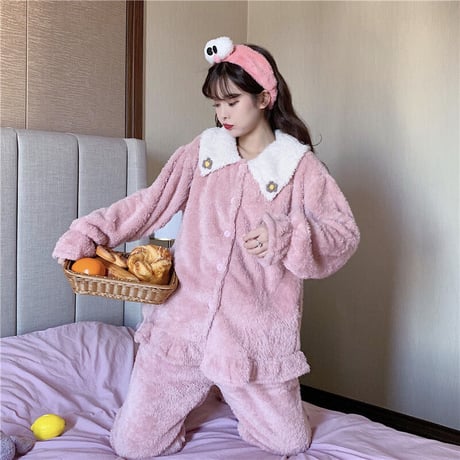 ルームウェア パジャマ セットアップ トップス + パンツ もこもこ 上下セット 長袖 厚手 韓国ファッション レディース フリース ガーリー レトロ 629614343345