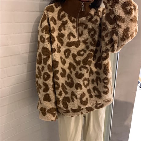 レオパード ボア プルオーバー ハーフジップ ラムウール 韓国ファッション レディース トップス ヒョウ柄 フリース もこもこアウター 大人カジュアル DTC-629477775602