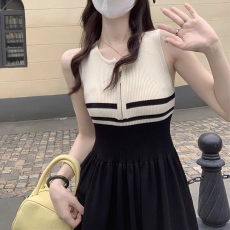 ニットワンピース ノースリーブ ファスナー サマーニット スリムフィット Aライン ロングワンピース ハイウエスト レトロ 大人可愛い ガーリー DTCA-823649264982