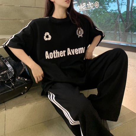 セットアップ サイドライン Tシャツ ワイドパンツ 半袖 ロゴ トップス スポーツミックス 上下セット レトロ 韓国ファッション レディース 大人可愛い ガーリー DTC-786931285601