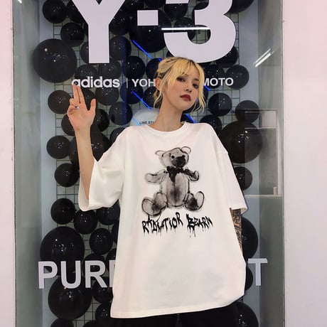 レディース 可愛いクマプリント Tシャツ ラウンドネック ゆったり 半袖 インスタ映え ストリート 韓国ファッション ホワイト ピンク (DCT-596953364679)