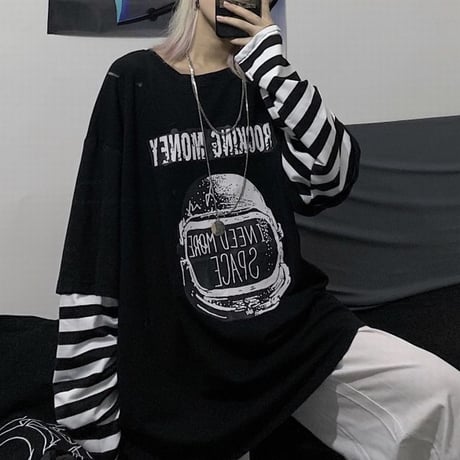 フェイクレイヤード ドッキングトップス tシャツ ロンT ボーダー柄 長袖 レトロ 韓国ファッション レディース 大人可愛い ガーリー カジュアル ストリート系 DTC-662523104463