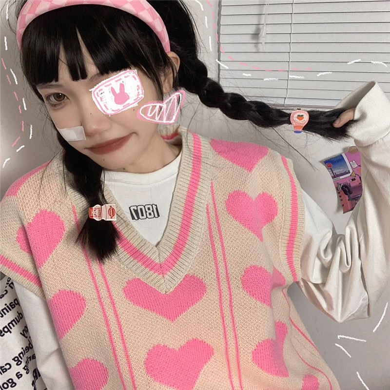 ニットベスト ハート柄 Vネック ゆったり 大きめ ルーズ