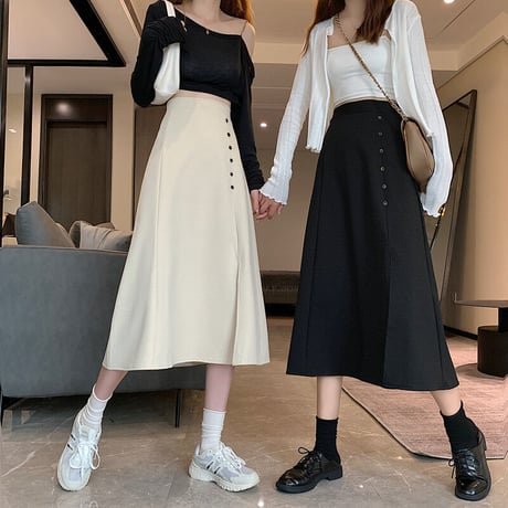 スプリットスカート Aライン ミドル丈 アプリコット ブラック 韓国ファッション レディース スカート クロッチスカート ハイウエスト 大人カジュアル かわいい ガーリー 626634086789