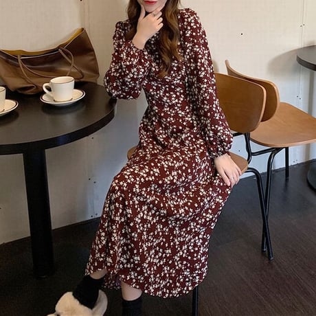 小花柄 ワンピース パフスリーブ ロング丈 ハイウエスト 長袖 クルーネック 薄手 韓国ファッション レディース 大人可愛い ガーリー フェミニン レトロDTC-655695330315