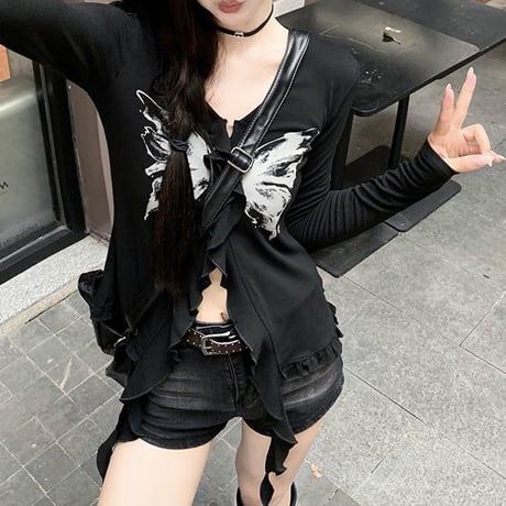 トップス 長袖 バタフライ プリント 不規則デザイン Vネック フリル リボン スリムフィット Tシャツ レトロ 韓国ファッション レディース 大人可愛い ガーリー DTCA-828604186140