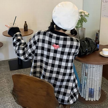 チェック柄 ニットカーディガン ハート ラウンドネック 長袖 オーバーサイズ 韓国ファッション レディース ニット カーディガン 大人可愛い ガーリー カジュアル DTC-652488720754
