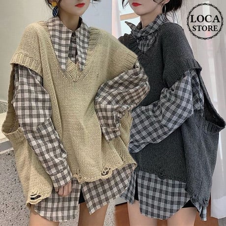 セットアップ チェック柄シャツ ダメージ加工 ニットベスト ルーズ ニット 秋 冬 韓国ファッション レディース ガーリー (DTC-601823900318_003)