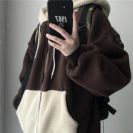 ユニセックス バイカラー フード付き ボアジャケット ボアブルゾン ボアパーカー ジップアップ オーバーサイズ ラムウール 韓国ファッション カジュアル ストリート系 DTC-662379916607