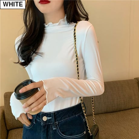 スリムフィット カットソー 長袖 ハーフネック フリルネック 韓国ファッション レディース Tシャツ 伸縮性 無地 シンプル 大人可愛い ガーリー DTC-628616580526
