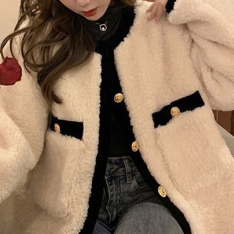 ボアカーディガン ボアジャケット 襟なし アウター もこもこ 厚手 長袖 ゆったり レトロ 韓国ファッション レディース 大人可愛い ガーリー カジュアル DTC-657187662535