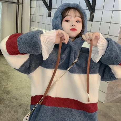 ボアパーカー もこもこ マルチカラー ボーダー オーバーサイズ 韓国ファッション レディース ボアブルゾン ラムウール 防寒 ボア ゆったり 大人可愛い ガーリー DTC-629367899629
