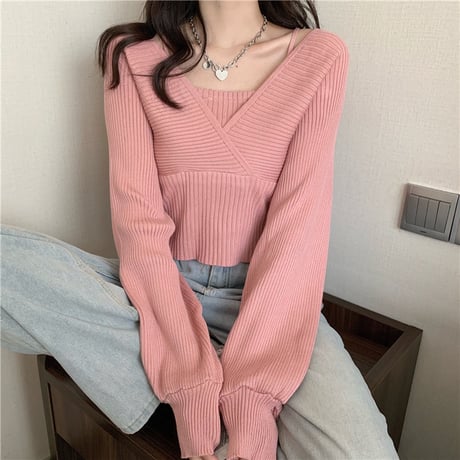 リブニット フェイクレイヤード ルーズ 長袖 セーター 韓国ファッション レディース ニット ゆったり 大人可愛い ガーリー DTC-653558986383