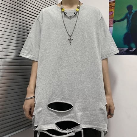 ユニセックス tシャツ ダメージ加工 半袖 オーバーサイズ カジュアル 韓国ファッション メンズ レディース ストリートファッション DTC-618883841543