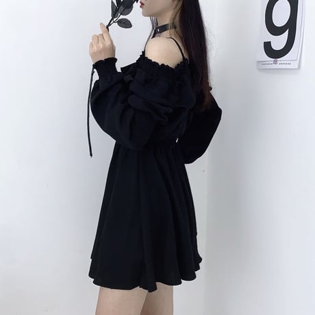 ワンピース レースアップ 編み上げ オフショルダー Vネック ハイウエスト Aライン 長袖 レトロ 韓国ファッション レディース 大人可愛い ガーリー ゴシック DTC-651777325436