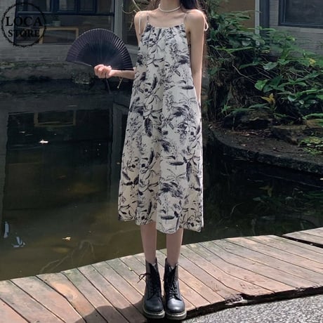 水墨画風 花柄 ワンピース キャミワンピース ロングワンピース ハイウエスト ノースリーブ レトロ 韓国ファッション レディース 大人可愛い ガーリー フェミニン DTC-677819847417