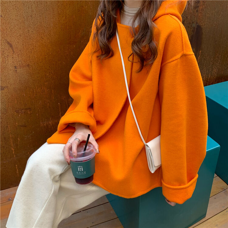 アウター 韓国系 3色 コート ウール フード付き ケープ風 ルーズ フード付き ショートコート ポンチョ風 ワンボタン フェイク